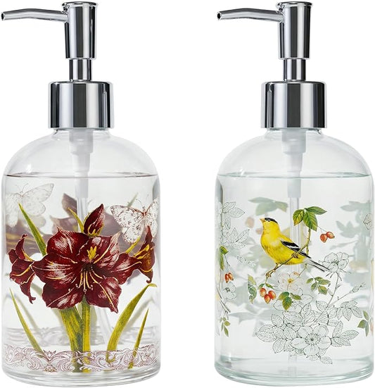 Topadorn Hand and Dish Soap Dispenser Set, 2 Pack 17oz Glass Soap Dispensers with Pump, Refillable Kitchen Soap Bottles, Vintage Floral & Goldfinch Bathroom Counter Decor