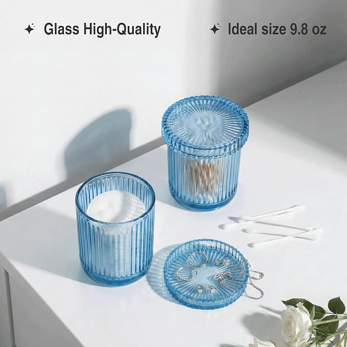 2 Pack Qtip Holder - Apothecary Jars with Lids, Bathroom Organizers and Storage Canister for Cotton Balls,Swabs,Floss Picks,Hair Ties,Clear Glass Vintage Bathroom Decor Jar Set (Blue)