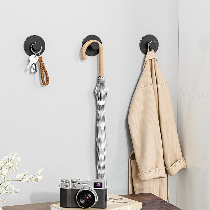Wall Adhesive Hooks for Towel/Shower - No Damage Stick on Hanging Hook Heavy Duty for Bathroom, Door, Coat, Black 4 Pack