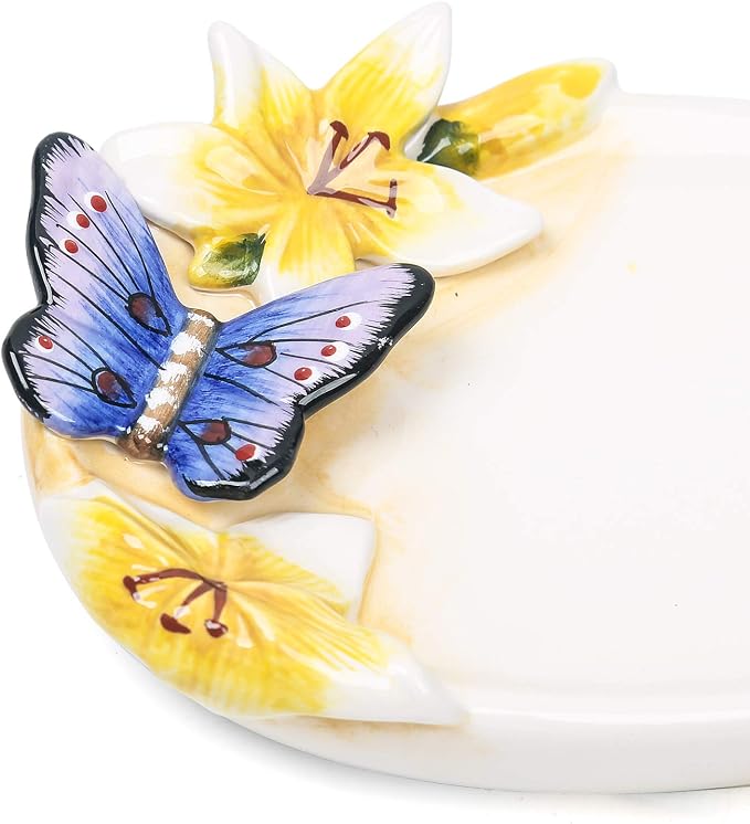 Ceramic Soap Dish Holder, for Bathroom,Tub and Kitchen Sink，3D Butterfly and Lily Design