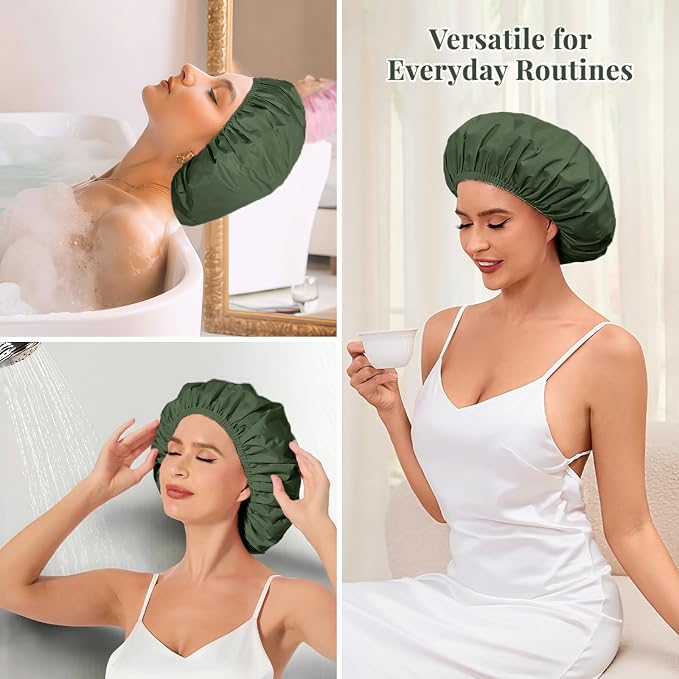 Shower Cap for Women Waterproof Reusable, Large Shower Cap Non-Slip with Elastic Band, Washable Bath Hair Hat for Long Hair, Braids (Dark Green)