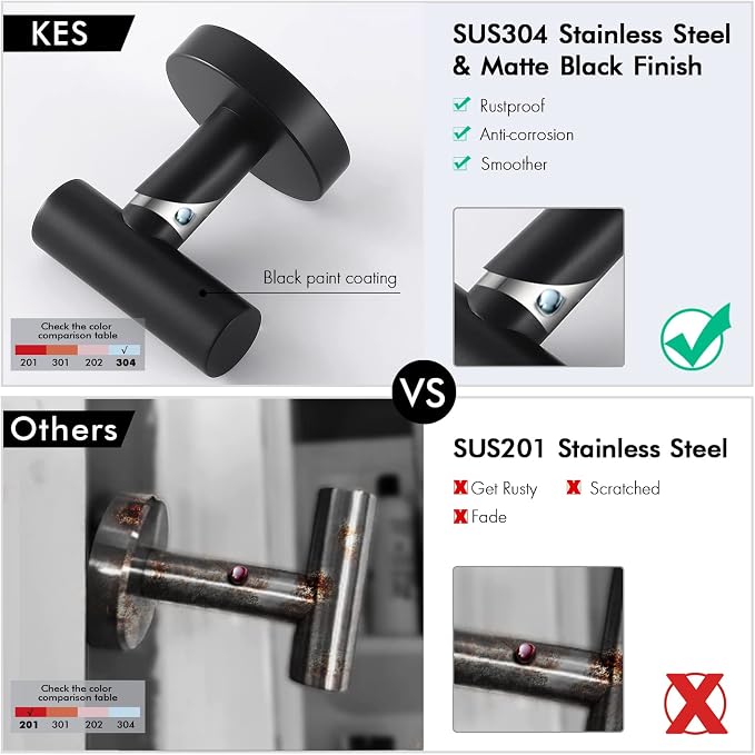 KES Bathroom Towel Hook Robe Hook Shower Kitchen Wall Hanging Hooks Wall Mount SUS 304 Stainless Steel Matt Black 2 Pack, A2164-BK-P2