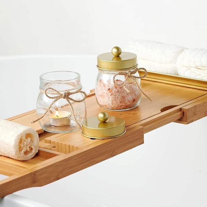 SheeChung Small Glass Mason Jar Qtip Holder with Gold Stainless Steel Lid | Clear Apothecary Jar Canisters Set,Bathroom Jar Dispenser,Vanity Storage Organizer for Cotton Swab,Ball,Floss,Farmhouse Decor