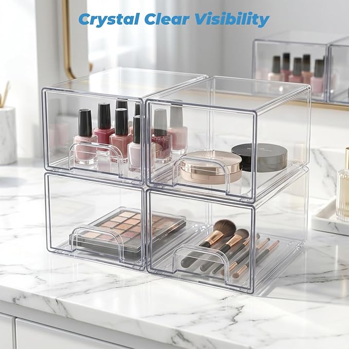 Acrylic Stackable Storage Drawers, [4-Pack] Clear Organizer Bins with Built-in Handles, Smooth Slide-Out Design for Vanity, Under Sink, Medicine Cabinet, Skincare, and More