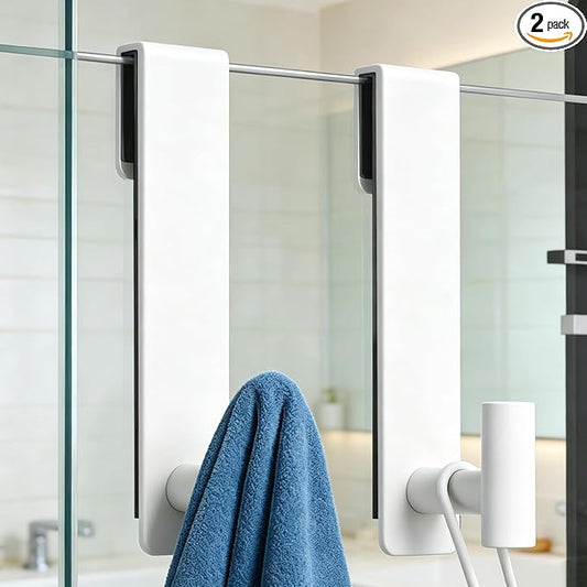PMMASTO Shower Door Hooks, (7.5 Inch) Extended Towel Hooks for Bathroom Frameless Glass Shower Door, Stainless Steel Heavy Duty Hooks (White, T Shape-Fits 3/8" Thick Door)