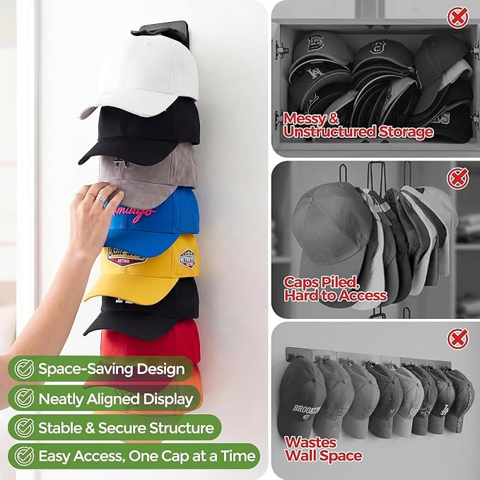 DIY 2Pack Hat Organizer – Holds 36 Hats, Adjustable Clips, Adhesive or Screw Mount, for Baseball Caps & Snapbacks, Space-Saving Cap Holder & Hat Storage Wall Rack for Closet & Door, Black