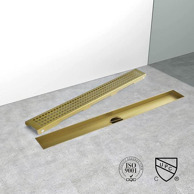 Linear Shower Drain, 60 inch Gold Drain with Removable Grate Cover, Brushed 304 Stainless Steel Shower Floor Drain, Linear Drain with Hair Strainer and Adjustable Feet