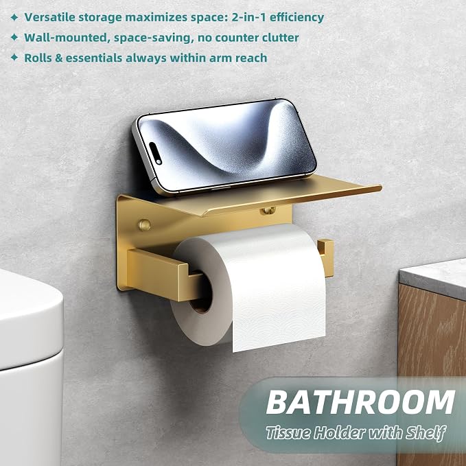 Toilet Paper Holder with Shelf Brushed Dark Gold, APLusee SUS 304 Stainless Steel Modern Bathroom Accessories Tissue Roll Dispenser Storage