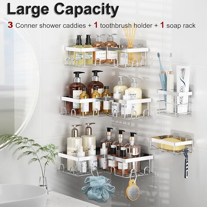 Liuoud Corner Shower Caddy 5 Pack, Rustproof Stainless Steel Shower Organizer with Soap Rack Toothbrush Holder, Large Capacity Adhesive No Drilling Bathroom Kitchen&Home Decor Set, Silver