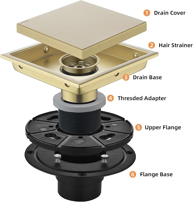 6-Inch Square Shower Drain, Brushed Gold Floor Drain with Flange, 304 Stainless Steel Bathroom 2-in-1 Tile Drain