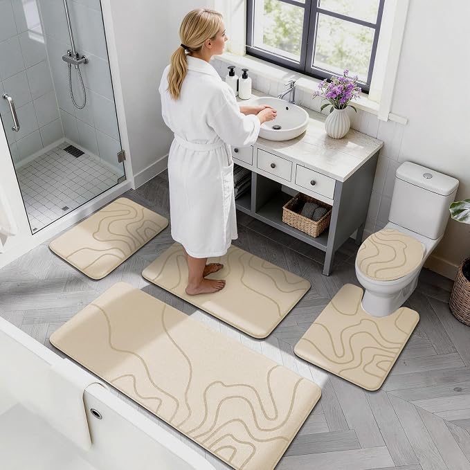 YIHOUSE Memory Foam Bathroom Rugs Sets 2 Piece, 17"x24"+20"x46", Beige | Ultra Soft, Extra Thick Bath Mat, Absorbent, Non-Slip, Machine Washable, For Tub, Shower & Home Decor Accessories