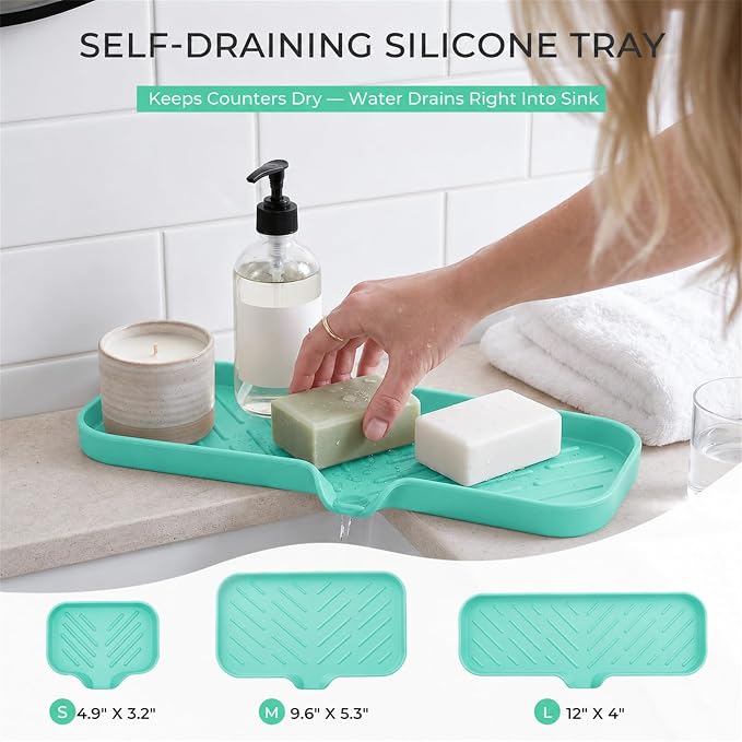 MicoYang Silicone Soap Dish with Drain Spout — Self-Draining Double Sink Organizer Tray for Kitchen & Bathroom, Dispensers, Sponges & Soap Holder, Non-Slip & Dishwasher Safe, Mint (Large, 12"×4")