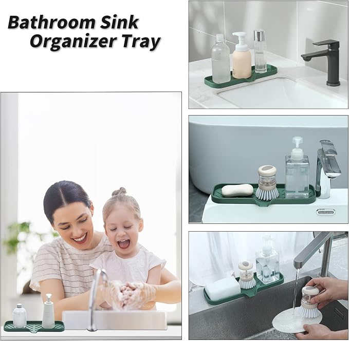 MicoYang Silicone Soap Dish with Drain Spout — Self-Draining Double Sink Organizer Tray for Kitchen & Bathroom, Dispensers, Sponges & Soap Holder, Non-Slip & Dishwasher Safe, Green (Large, 12"×4")