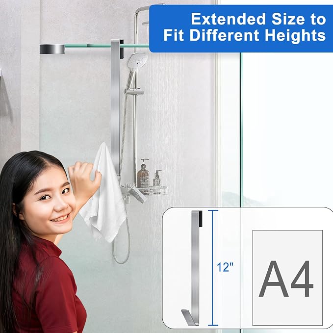 Shower Door Hooks 12 in, Shower Hooks for Towels, Heavy Duty Drilling-Free Extended Towel Hooks for Bathroom Frameless Glass Door, Over The Door Towel Hooks 3 Packs Silver