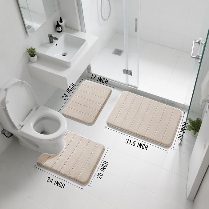 Yimobra Memory Foam Bath Mat Set 3 Pieces- Super Soft Absorbent Quick Dry Bathroom Rug Sets, Machine Washable Non Slip Floor Carpet for Tub Shower, Vanity & Toilet Base, Beige