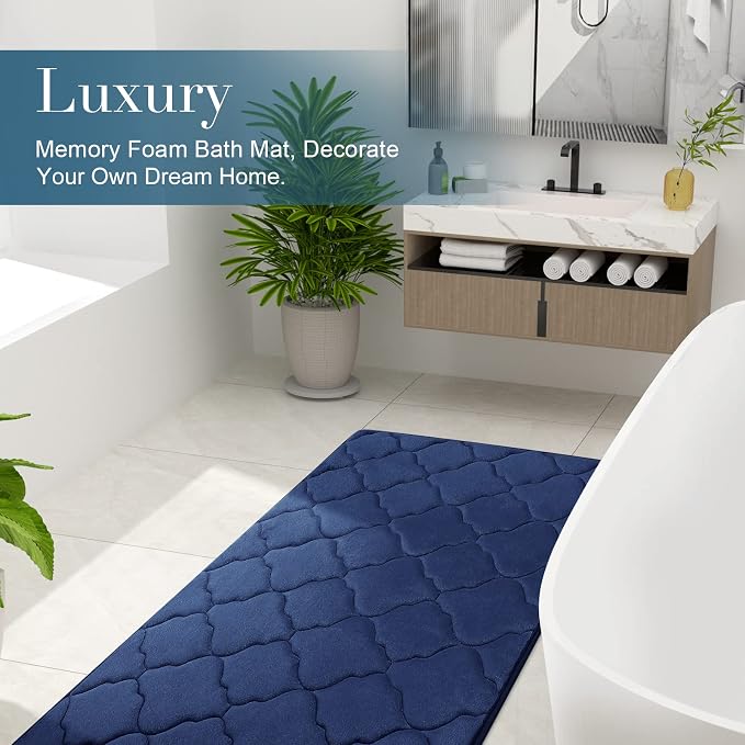 OLANLY Memory Foam Bath Mat Rug 59x24, Ultra Soft Bathroom Rugs, Navy | Thick Absorbent Carpet, Non-Slip Backing, Machine Washable, for Bathroom Floor, Tub, Shower and Home Decor Accessories