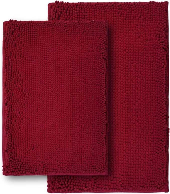 Bathroom Rugs Sets 2 Piece,Super Absorbent Soft,Thick,Machine Washable Chenille Bath Mat,Non Slip Toilet Floor Rug,Bath Mats for Bathroom,16x24 Plus 20x32 Shape,Burgundy