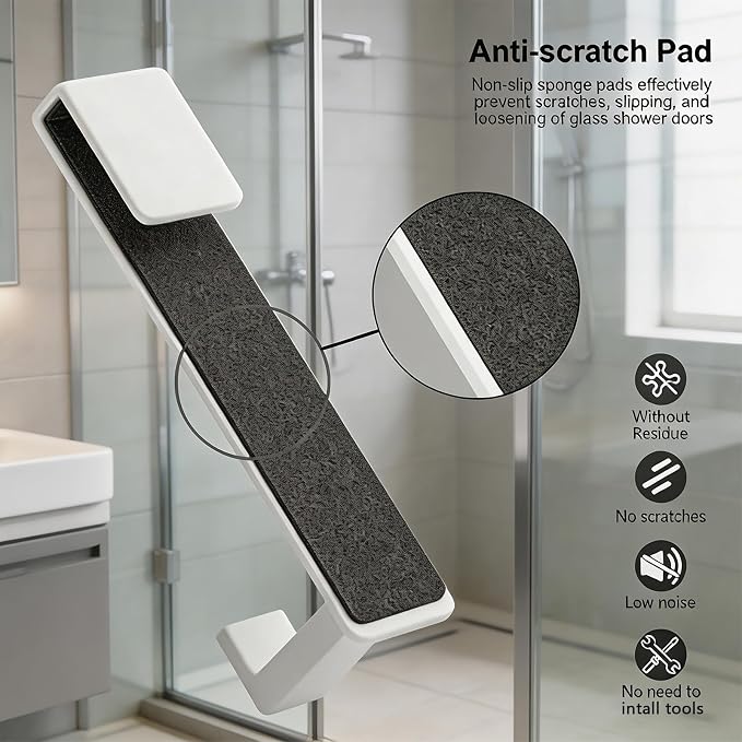 HUFEEOH Shower Door Towel Hooks, Stainless Steel Over Glass Door Hooks, Robe Hanger Fits Frameless Glass Shower Doors up to 3/8" Thick (White, Fits 3/8" Thick Door - L Shape - 2 Pack)