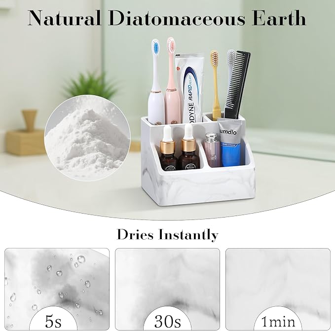 Luxspire Diatomite Toothbrush Holder, 4 Slots, Marble White | Fast Drying, Diatomaceous Earth, Electric Tooth Brush and Toothpaste Organizer, For Bathroom Kitchen Vanity Countertop