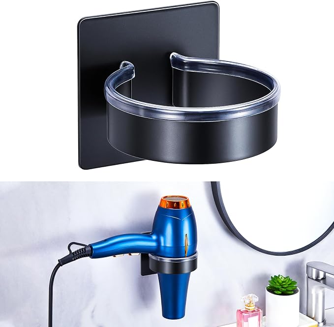 Hair Dryer Holder Wall Mount, Blow Dryer Holder Wall, Adhesive Hair Dryer Hanger, Blow Dryer Organizer, Hair Tools Organizer for Bathroom Salon Barber Shop Hotel (Black)
