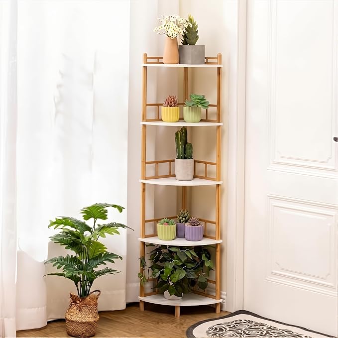 5-Tier Expandable Bamboo Corner Shelf Stand,Corner Bookshelf, Display Storage Shelves with Open Shelves, for Organization and Storage, Living Room, Home Office, Garage (White, 5-Tier WithRail)