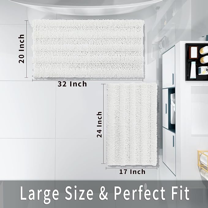 Yimobra Bathroom Rug Set 2 Piece, Absorbent Chenille, 32x20+24x17, White | Non Slip Machine Washable Quick Dry Bath Mat Set, Soft Plush Shower Rugs for Bathroom Floor Sink Tub and Shower Outside