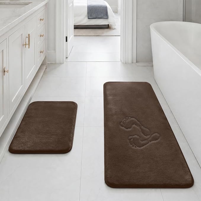 Bathroom Rugs Sets 2 Piece, Non-Slip & Quick Dry Bath Mat Set, Ultra Soft Velvet Bath Rugs for Bathroom, Toilet and Shower Floor, Brown