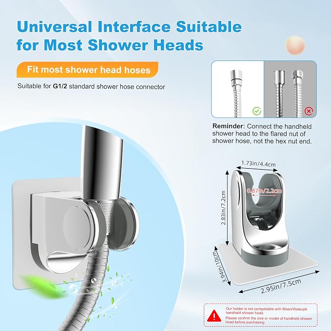 Hibbent 2 Pack Shower Head Holder - Strong Adhesive, Waterproof, Height Adjustable, Wall Mount, No Drilling, Chrome Finish