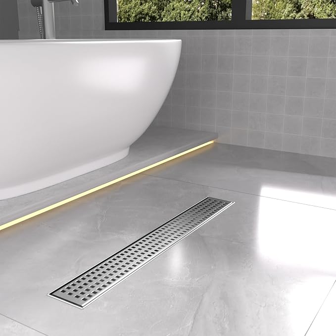 Linear Shower Drain | 28 Inch AISI 304 Stainless Steel Shower Drain, Brushed Nickel Linear Drain with Removable Quadrato Grate Cover & Adjustable Feet, Rectangle Floor Drain, in Bathroom Balcony etc