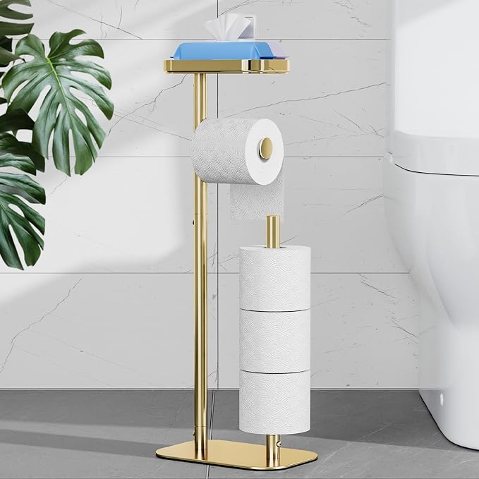 Kitsure Metal Toilet Paper Holder Free Standing, Medium, Chrome Gold | Rustproof Toilet Paper Stand for 4 Rolls, Bathroom Organizers and Storage with Anti-Slip Base and Plastic Shelf