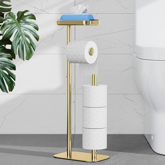 Kitsure Metal Toilet Paper Holder Free Standing, Medium, Chrome Gold | Rustproof Toilet Paper Stand for 4 Rolls, Bathroom Organizers and Storage with Anti-Slip Base and Plastic Shelf