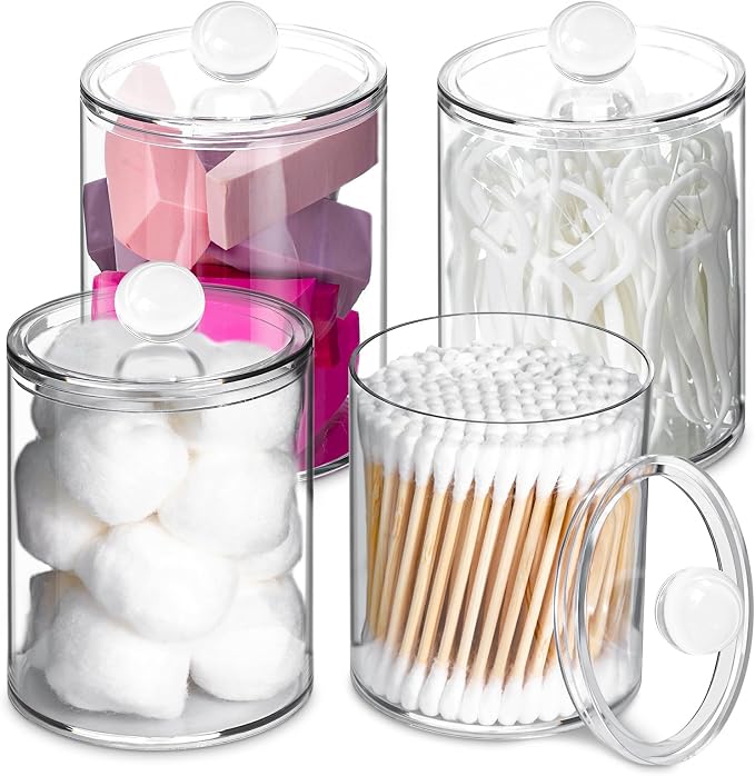 4 Pcs Acrylic Qtip Holder, Cotton Ball Holder Jars with Lids, Clear | Apothecary Jars for Cotton Swabs, Balls, Pads and Floss Picks, Bathroom Vanity Organizer