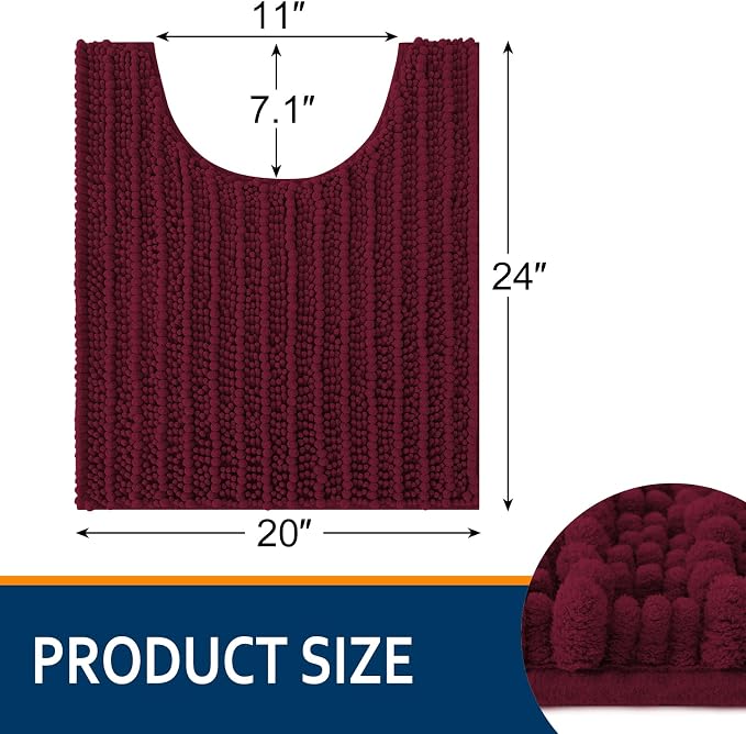 Smiry Bathroom Toilet Rugs U Shaped 24X20, Chenille Bath mats for Toilet | Burgundy Extra Soft Absorbent Non Slip Rubber Backing Contour Bath Rugs for Toilet, Machine Washable Contoured Bath Mats