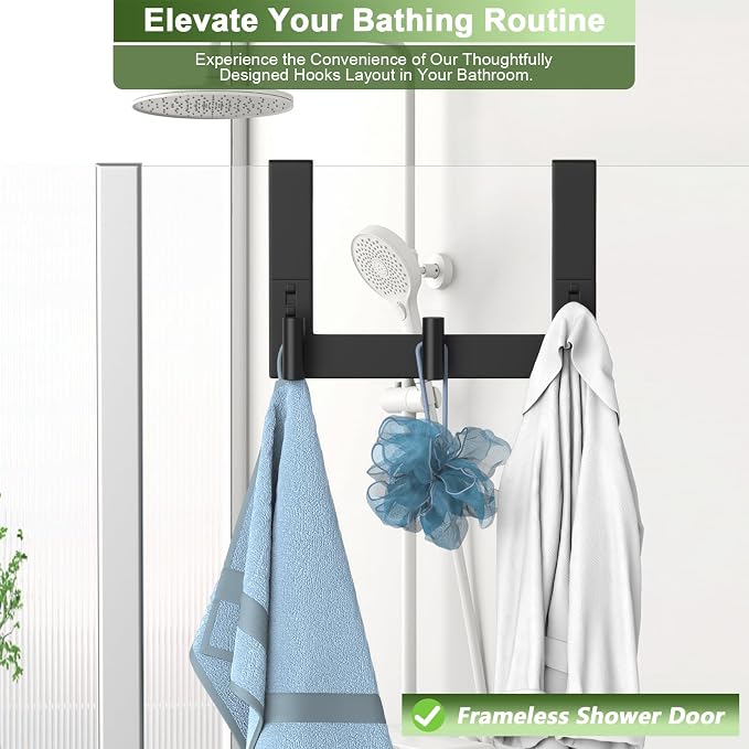 Extended Robe Door Hooks, Heavy Duty Stainless Steel Towel Hooks for Frameless Glass Shower Doors, Towel Hanger Rack, Shower Hooks for Bathroom (Black-3 Hooks, 1 Pack)