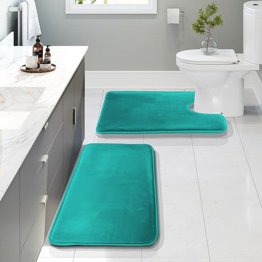Clara Clark 2 Piece Bathroom Rugs, Velvet Memory Foam Bath Mat Set, Non-Slip Bath Rugs, Machine Wash, Dries Quickly, Ultra Soft Plush Bath Mats for Bathroom, 20 x 32 + Contour, Teal Blue