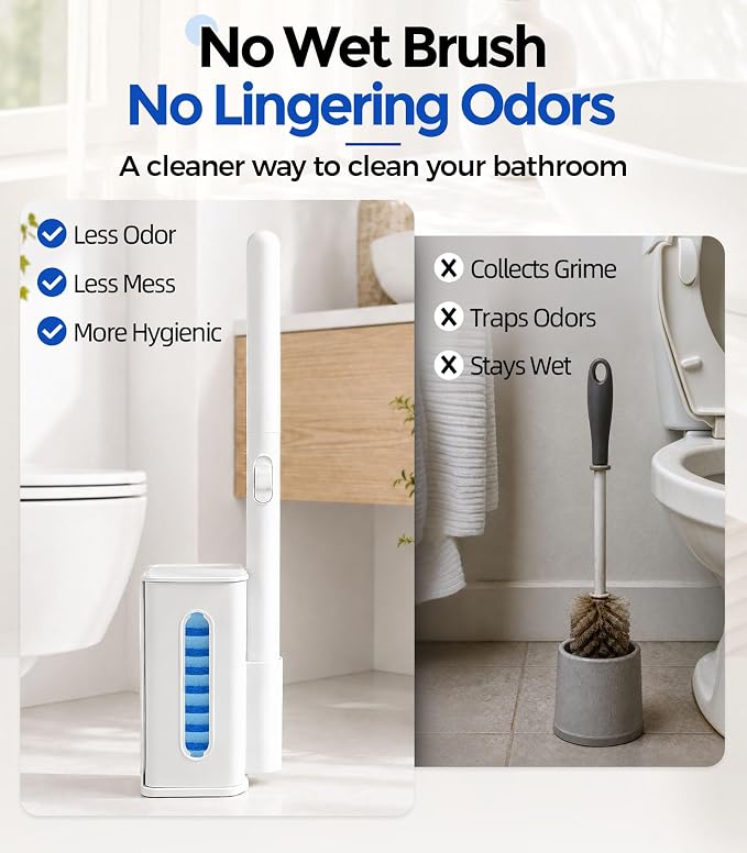 Disposable Toilet Brush and Holder Set with 48 Refills, Toilet Bowl Cleaner | Value Pack;Built-In Cleaner;Cleaner & More Hygienic;Hands-Free Disposal;Fresh Bathroom