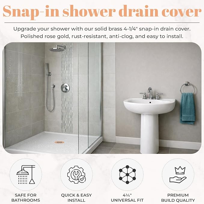4 ¼” Rose Gold Snap-in Shower Drain Cover - Replacement - 4.25" OD Polished Strainer - Easy Install - Premium Round Shower Drain Cover - Solid Brass Construction