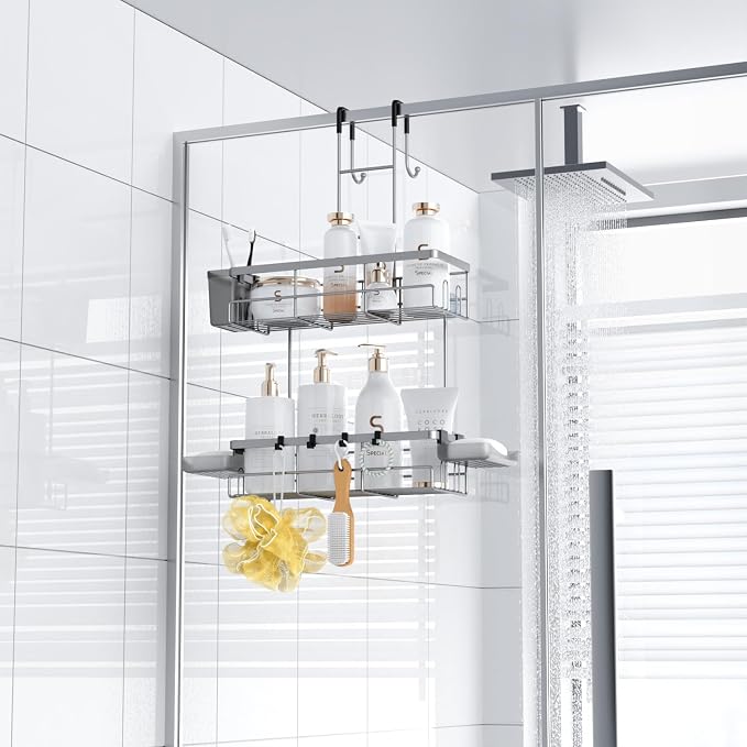 Aitatty Hanging Shower Caddy Over Door: No Drill Rustproof Shower Shelf | Includes Hooks & Soap Holders for Shampoos, Conditioners and Bathroom Essentials, Anti-Slip for Any Shower Room