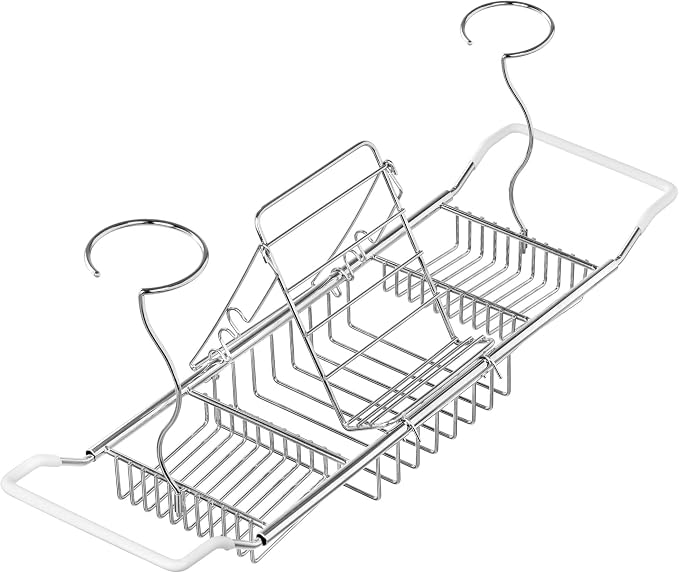 iPEGTOP Stainless Steel Bathtub Caddy Tray - Over Bath Tub Racks Shower Organizer with Extending Sides, Removable Wine Glass Book Holder
