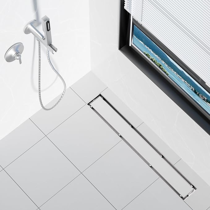Neodrain 28-Inch Linear Shower Drain- with 2-in-1 Flat & Tile Insert Cover, Brushed 304 Stainless Steel Rectangle Shower Floor Drain,Floor Shower Drain with Adjustable Leveling Feet, Hair Strainer