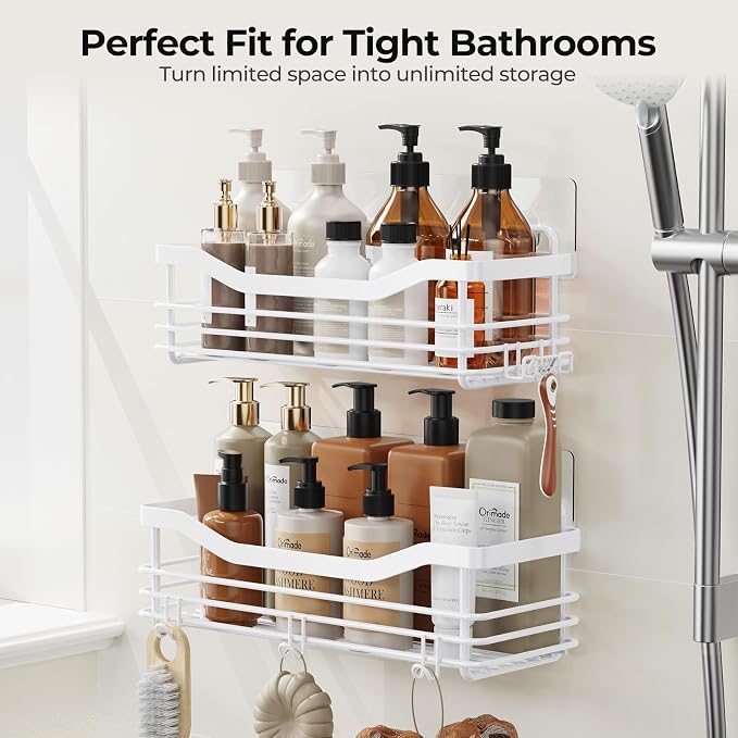 Orimade Shower Caddy Basket Shelf Storage Rack, No Drilling Wall Mounted Adhesive Rust Resistant Stainless Steel Shower Organizer with 5 Hooks for Bathroom, White 2 Pack