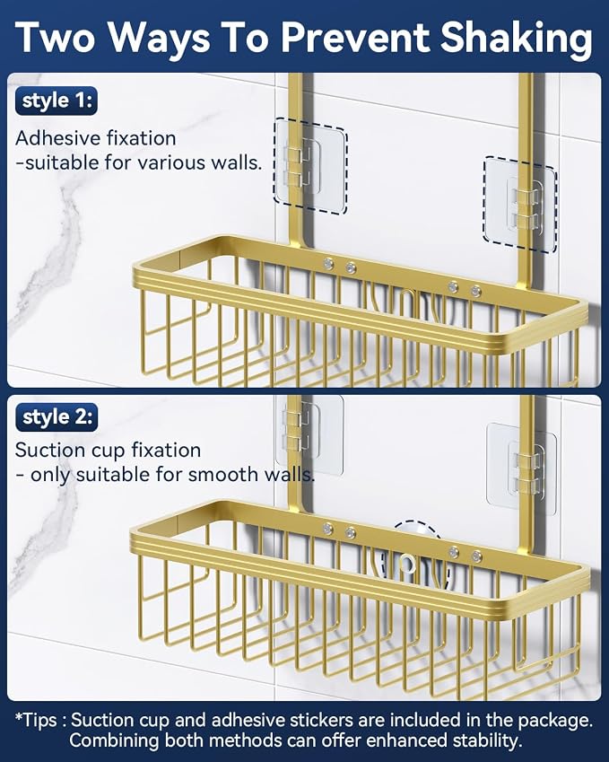Never Rust Shower Caddy Hanging, Aluminum Shower Racks for Inside Shower, 2-Tier Shower Organizer Hanging Over Shower Head with Hooks and Soap Holder, Gold