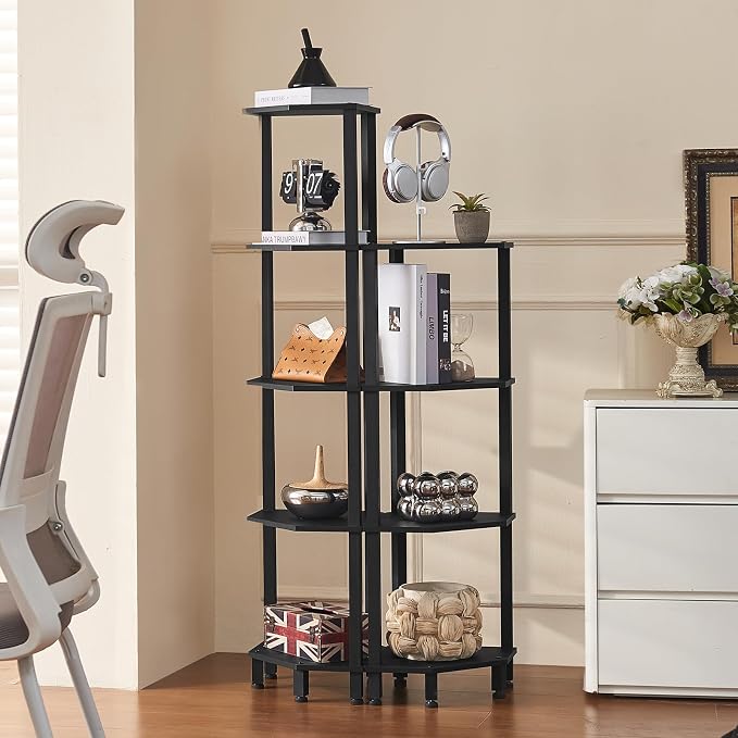 YUFAM 5-Tier Corner Shelf with Sturdy 5-Leg Base, Wooden Corner Bookshelf for Small Spaces, Corner Standing Shelf for Living Room, Bedroom, Office, Black
