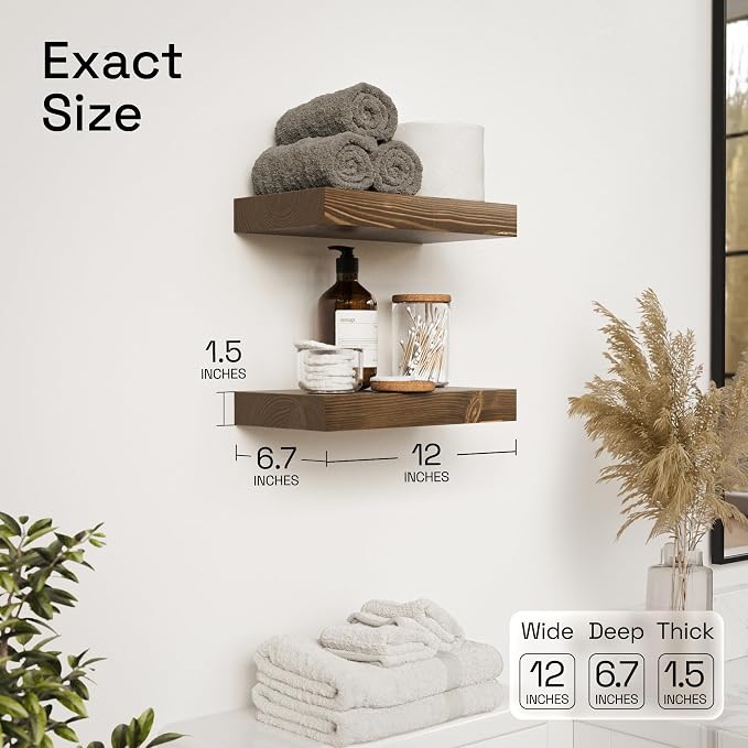 BAOBAB WORKSHOP Wood Floating Shelves for Wall 12 Inch Wide, Small Wooden Shelf Kitchen, Bathroom Shelves for Room Wall Mounted, Walnut Floating Shelves, 12W × 6.7D, Set of 2