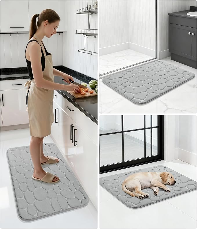 YIHOUSE Memory Foam Runner Rug, Cobblestone Bathroom Runner Rugs Super Water Absorbent Bath Mats for Bathroom Machine Washable Bath Rugs for Hallway Bedroom Laundry Room(24 x 47,Light Gray)
