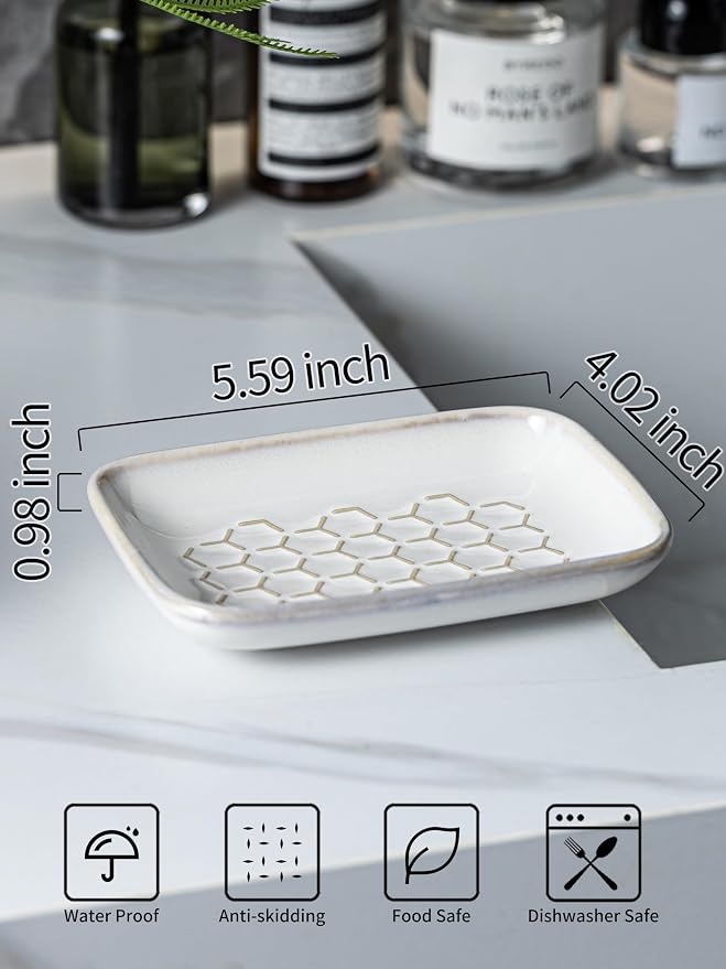 Gomakren Soap Dish for Shower, Ceramic Bar Soap Holder with Honeycomb Design, Soap Saver Tray for Bathroom Kitchen Sink, Sponge & Organizer Tray, Upscale Look, 5.5 Inch, Beige