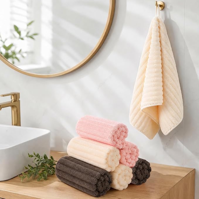 ZVH Hand Towels for Bathroom 6pcs,Quick Dry Microfiber,Super Soft Absorbent | 14X29.5inch,Machine Washable,Hand Towels With Hanging Loops for Spa,Gym,Kitchen,Hotel (Pink+Beige+Brown, Set of 6)