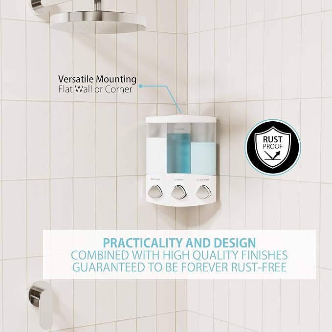 Better Living Products, White 76354 Euro Series TRIO 3-Chamber Soap and Shower Dispenser