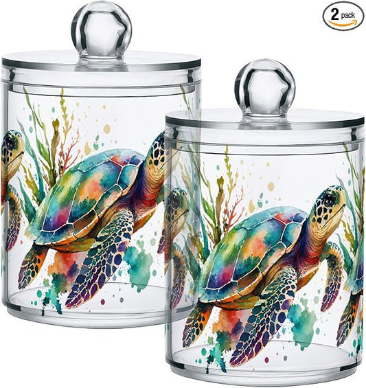 2 Pack Qtip Holder Dispenser for Cotton Ball, Swab, Round Pads - Turtle Watercolor Clear Plastic Acrylic Jar Set Bathroom Canister