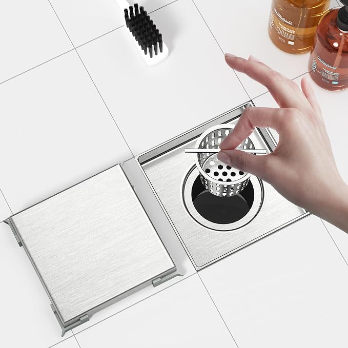 Neodrain Square Shower Drain with Removable Tile Insert Grate,304 Stainless Steel, CUPC Certified, Includes Hair Strainer (Brushed, 6 in)